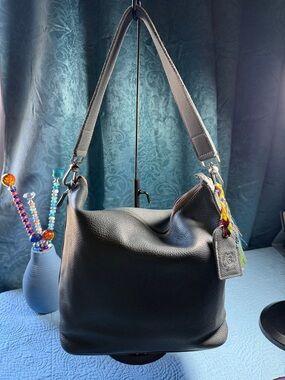Consuela Gray Leather Shoulder Bag with Multicolor Tassel w/ Colorful Long Strap